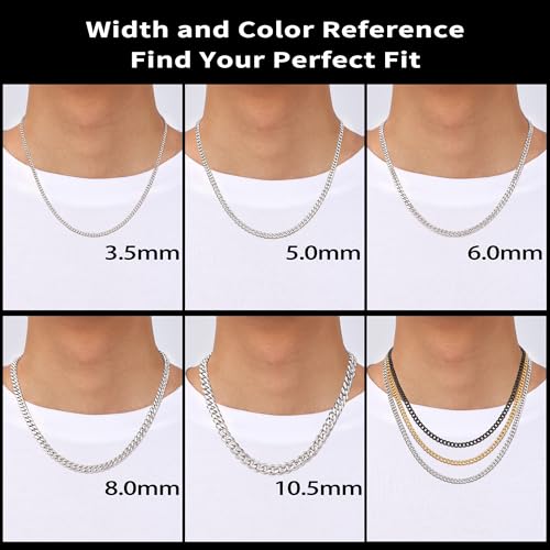 Fiusem 3.5mm Cuban Link Chains for Men, Silver Tone/Black/14K Gold Plated Stainless Steel Necklace Chain, Mens Necklace 16, 18, 20, 22, 24, 26, 28 Inch - size: 22 inches, style: a.3.5mm width-steel