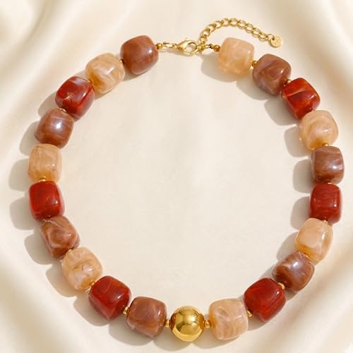 Mchic Colorful Beaded Choker Necklace for Women: Boho Large Square Acrylic Beaded Necklace Stainless Steel Adjustable Surfer Beach Strand Necklaces Summer Handmade Jewelry Gift for Women - color: Coffee