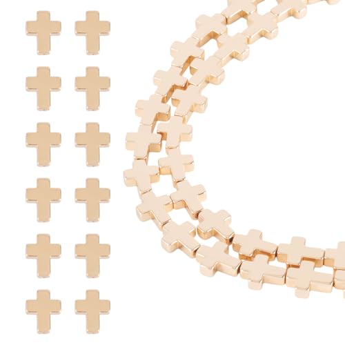 80 Pcs Hematite Cross Beads for Jewelry Making 8.5mm Natural Hematite Beads Small Cross Crucifix Bracelet Charms Gemstone Round Loose Bead for Women Men Bracelet Jewelry Making - color: Golden-Hematite