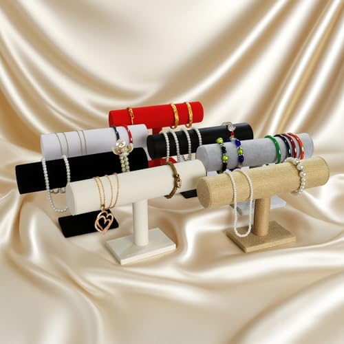 Jewelry Organizer Stand for Women - T-Bar Bracelet, Watch & Hair Tie Storage Display Rack with Travel-Friendly Design(White PU Leather) - color: White PU Leather