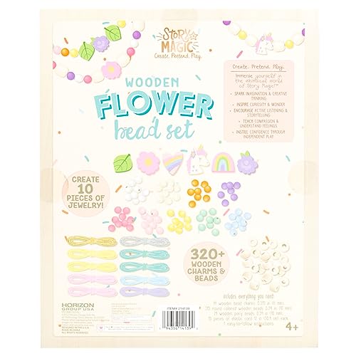 Story Magic Wooden Flower Bead Set, Over 300 Large Hole Wood Beads & Charms for Beading Bracelets, Bracelet Making Kit, Flower Bracelet Kit, Whimsical Bracelet Charms, Storage Tray Included, Ages 4+ - size: Large, style: Flower Bead Set