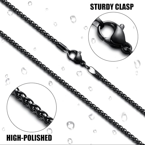 Fiusem Black Wheat Chains for Men and Women, 2/2.5/3/4/5mm Stainless Steel Necklace Chain, Mens Necklace Jewelry Gift 16-28 Inch - size: 16 Inches, style: Black 2MM