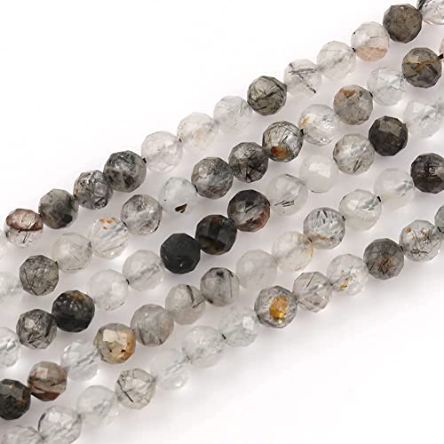 180pcs 2mm Natural Black Rutilated Quartz Gemstone Beads Faceted Round Loose Stone Beads for Jewelry Making (1 Strand) - color: Black Rutilated Quartz, size: 1.9-2.4mm