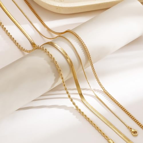 Tewiky Layered Necklaces for Women Non Tarnish- Chunky 14k Gold Plated Herringbone/Snake/Rope/Box/Cuban Link Chain for Women Waterproof Layering Stack Choker Necklace Trendy Dainty Tarnish Free Jewelry Set - color: 4 Layered Necklace Gold