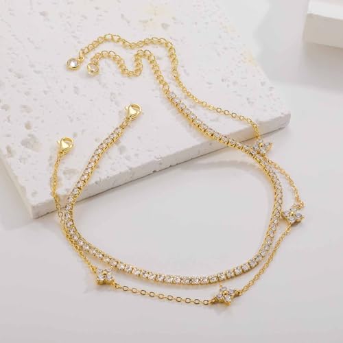 RLMOON Gold Silver Anklets for Women CZ Ankle Bracelet 14K Gold Plated Waterproof Layered Stackable Tennis Dot Chain Anklet Trendy Summer Beach Foot Jewelry - color: A-Clover&Tennis Anklet-Gold