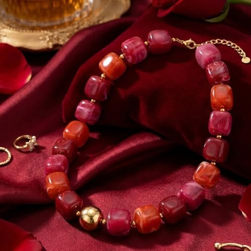 Mchic Colorful Beaded Choker Necklace for Women: Boho Large Square Acrylic Beaded Necklace Stainless Steel Adjustable Surfer Beach Strand Necklaces Summer Handmade Jewelry Gift for Women - color: Red
