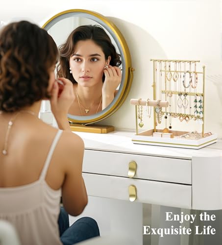 Emibele Jewelry Holder, Jewelry Organizer Stand Necklace Earrings Bracelet Holder, 5 Tier Jewelry Display Tower Rack with Metal Frame and Velvet Ring Tray, Aesthetic Jewelry Stand Gift for Women, Gold - color: Gold & White