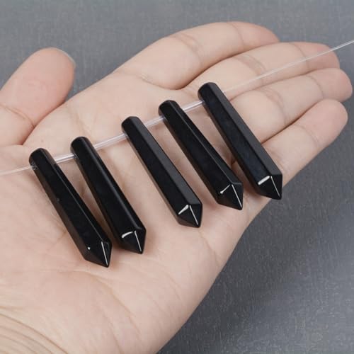 50mm Natural Black Obsidian Hexagonal Wand Jewelry Making Crystal Pointed Chakra Reiki Healing Beads 2mm Hole Drilled(Pack of 5) - color: Black Obsidian
