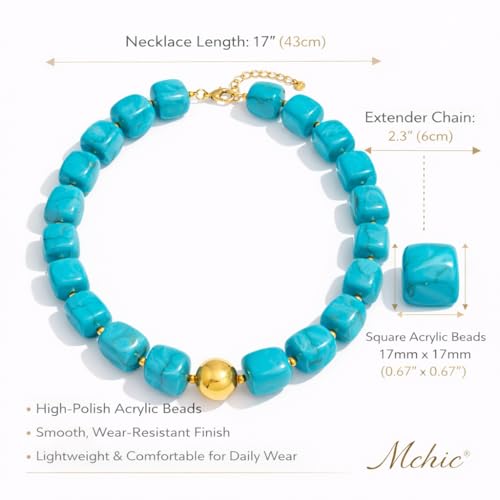 Mchic Colorful Beaded Choker Necklace for Women: Boho Large Square Acrylic Beaded Necklace Stainless Steel Adjustable Surfer Beach Strand Necklaces Summer Handmade Jewelry Gift for Women - color: Teal