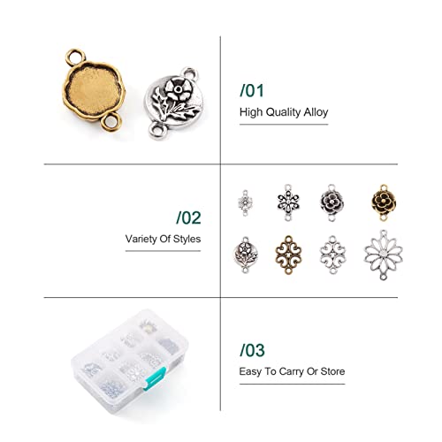 Pandahall 1Box/160pcs 8 Styles Alloy Tibetan Style Flower Connectors Charms Antique Sliver & Brown Metal Filigree Link Charms for Jewelry Making Dangle Pendants