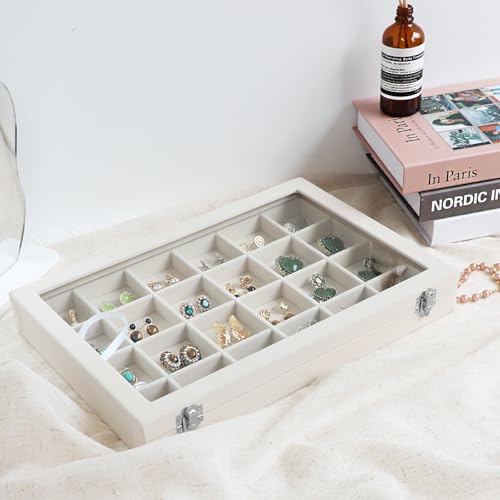 Wudygirl Jewelry Organizer Earring Holder Jewelry Tray with Lid Velvet Jewelry Box Jewelry Display Case Bracelet Earrings Ring Holder for Women Dresser (Beige 24 Grid Jewelry Tray) - style: Beige 24 Grid Tray