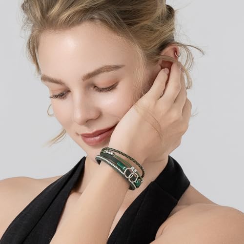 FANCY SHINY Mothers Day Gifts Boho Leather Wrap Bracelet Stackable Infinity Chunky Cuff Bracelets Western Hippie Outfits Jewelry Valentine Gifts for Women - color: Olive Green