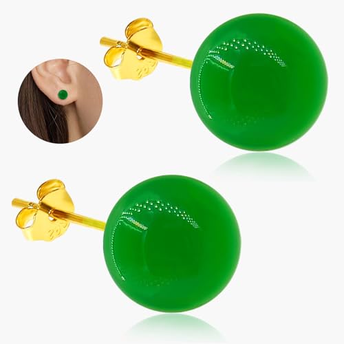 Jade Green Stud Earrings, Natural Round Beaded Agate Emerald Garnet Obsidian Gemstone Ear Studs Ball Jade Jewelry Gift, Green 8mm - color: green-8mm