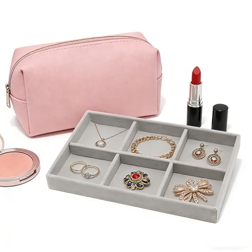 Velvet Jewelry Organizer Trays Gray Stackable Jewelry Storage Display Tray with Removable Dividers, 6 Grids - color: Gray