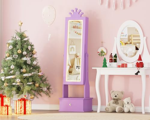 Kids Jewelry Armoire Cabinet with Full-Length Mirror, 46" Jewelry Armoire with Led Light, Kids Jewelry Organizer with 3 Storage Drawers, Kids Vanity Dress Up Mirror Jewelry Cabinet for Girls(Purple) - size: purple