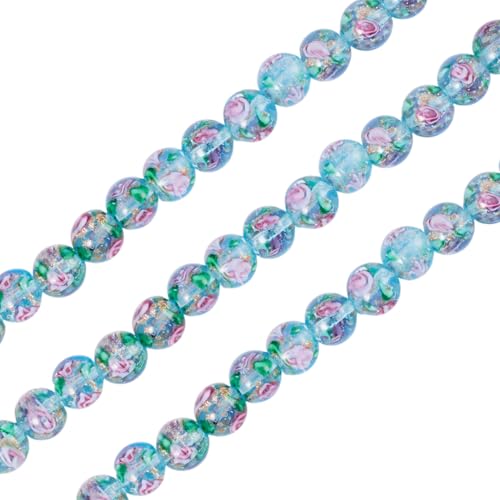 Cheriswelry 40Pcs/Strand Rose Flower Lampwork Beads 10mm Handmade Gold Sand Glass Beads Round Loose Spacer for DIY Bracelet Necklace Earring Rosary Jewelry Crafts (Pale Turquoise) - color: Pale Turquoise