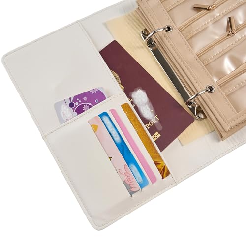Women’s Travel Jewelry Case - Jewelry Boxes PU Leather Ring Binder Organizer with Zipper Velvet Jewelry Pouches Bags - Cream White - color: Flatpattern_cream White