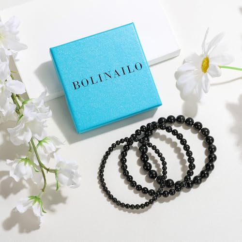 3Pcs Natural Healing Crystal Bracelets for Women Men, 4mm 6mm 8mm Beaded Stretch Bracelet Set, Black Tourmaline Natural Stone Gemstone Jewelry Gifts for Meditation, Reiki & Yoga - color: black tourmaline