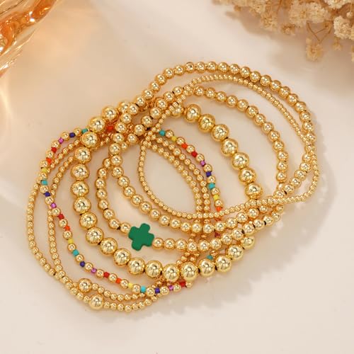 14K Gold Beaded Cross Beaded Bracelet Stack Set for Women,7PCS Bohemian Colorful Beads Ball Stretch Stackable Bracelets Trendy Holiday Birthday Gift - color: Dark Green
