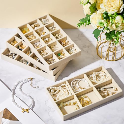 Junkin 12 Pcs Jewelry Tray Velvet Stackable Jewelry Organizer Trays Divided Earring Accessories Storage Containers Box (Rose Red) - color: Beige