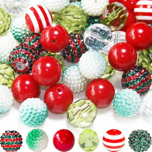 Exway 48 Pcs 20mm Red Green Acrylic Resin Rhinestone Bubblegum Beads, Round, Large, Sparkly Craft Beads for Pen, Beadable Keychain, Bracelet, Necklace, DIY Jewelry Making Supplies - color: Christmas