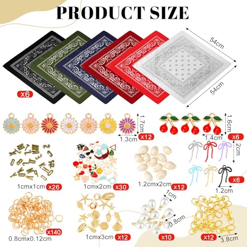 Misdary 276 Pcs DIY Bandana Necklace Scarf with Charm Choker with Pearl Western Cowgirl Boho Gold Charms Resin Charms Sea Shell Charm Adjustable Jewelry Scarf Necklaces Bandanas for Women Men