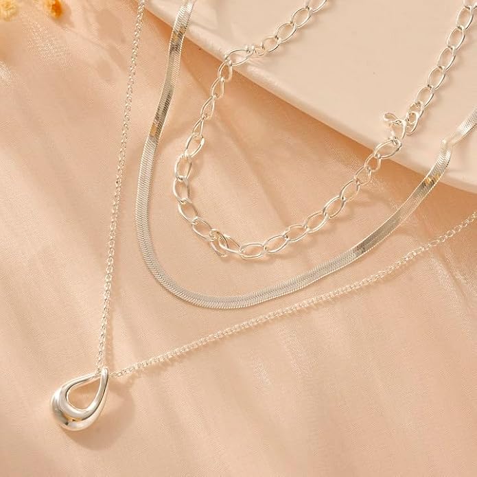 NECOCY Valentine's Day Gift 14k Gold/Silver Plated Layered Gold Necklaces for Women, 3Pcs Dainty Herringbone Choker Set, Trendy Stack Simple Chain Layering Pendant Jewelry