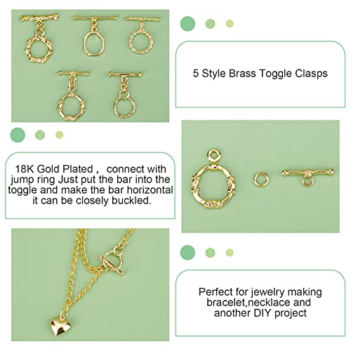 PH PandaHall 18K Gold Jewelry Clasps, Hollow Toggle Clasps Oval T-Bar Links Bracelet Closure Hook Fastener IQ End Connectors for Necklace Jewelry Making, 10 Sets - color: 5 Styles