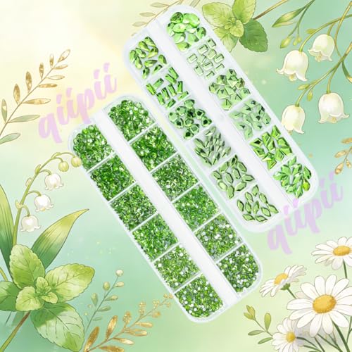 qiipii 3180Pcs Light Green Nail Rhinestones Multi Shapes Crystal Grass Green Flatback K9 Glass Rhinestones Gems Round Beads Stones Diamonds jewels w Wax Pen for Nails Face Eye Makeup Clothes Shoes DIY - color: Light Green, size: A Set