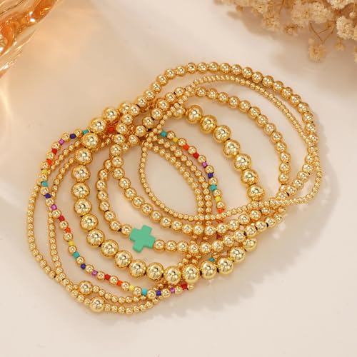 14K Gold Beaded Cross Beaded Bracelet Stack Set for Women,7PCS Bohemian Colorful Beads Ball Stretch Stackable Bracelets Trendy Holiday Birthday Gift - color: Green