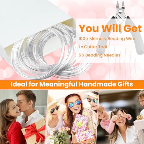 100 Loops Silver Memory Beading Wire with Cutter Tool and 6 Size Beading Needles for Jewelry Making, DIY Bracelet Necklace Ring Earring Craft, Solve Bead Stringing and Cutting Problem