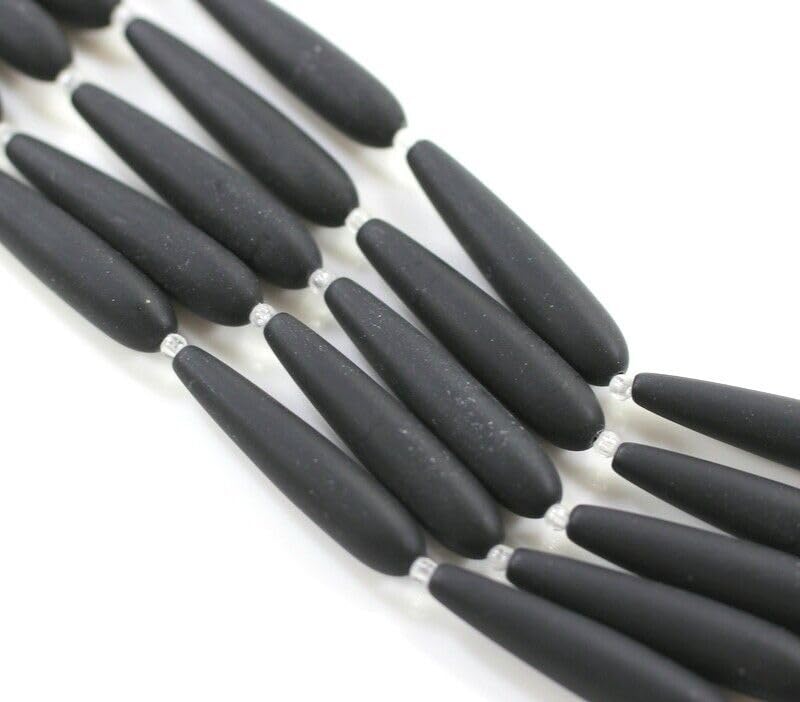 Tear Drop Beads, 38mm, Jet Black w/Frosted Matte Sea Glass Finish, 5 Pcs