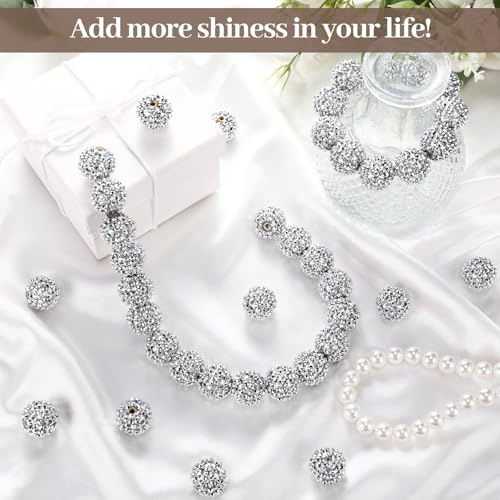 40 Pcs 20 mm Rhinestone Beads Bulk Crystal Round Disco Ball Chunky Bubblegum Beads for Pens Bracelets Charms Craft European Style Jewelry Making Supplies Christmas(Silver) - color: Silver