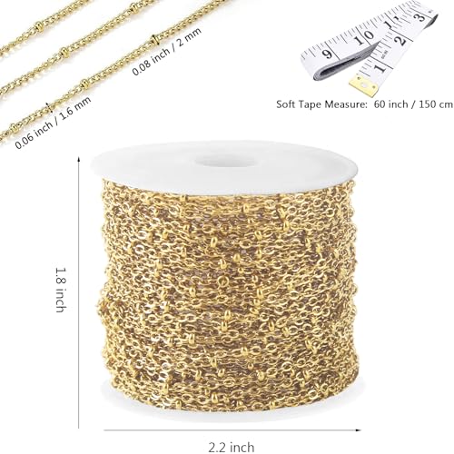 16Ft Stainless Steel Bead Chain for Jewelry Making, 1.6mm Thin Gold Plated Ball Beaded Cable Link Chains Roll for DIY Necklace Bracelet Jewelry Making Supplies with Lobster Clasps Soft Tape Measure - color: Cross Bead Gold