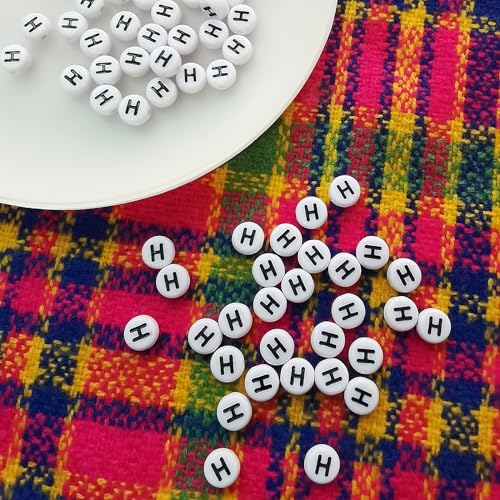 Amaney 100pcs H Letter Beads 7x4mm White Round Acrylic Black Alphabet for Bracelet Jewelry Making - color: H