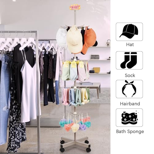 Retail Display Stand Store Display Rack 5 Tier Metal Spinning Display Stand Rack with Wheels Keychain Jewelry Stocking Hat Display Stand with Hooks for Malls, Showroom, Retail Store (Grey) - color: Grey