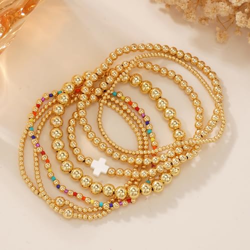 14K Gold Beaded Cross Beaded Bracelet Stack Set for Women,7PCS Bohemian Colorful Beads Ball Stretch Stackable Bracelets Trendy Holiday Birthday Gift - color: White