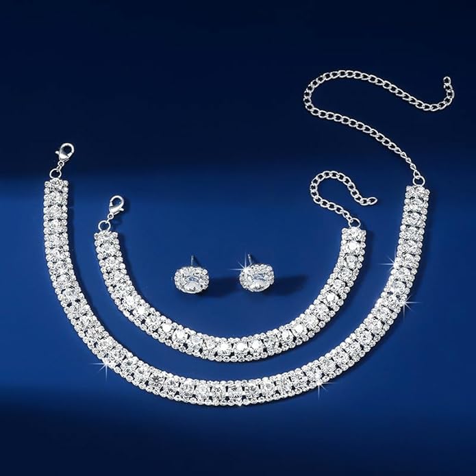 Women Rhinestone Crystal Jewelry Set Crystal Tennis Design Rhinestone Choker Necklace Link Bracelet Teardrop Earrings Set Wedding Bridal Bridesmaids Party