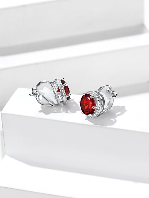 Silvora 925 Silver 8MM Cubic Zirconia Birthstone Clip On Stud Earrings Round Non Pierced Earrings For Women,Come with Box