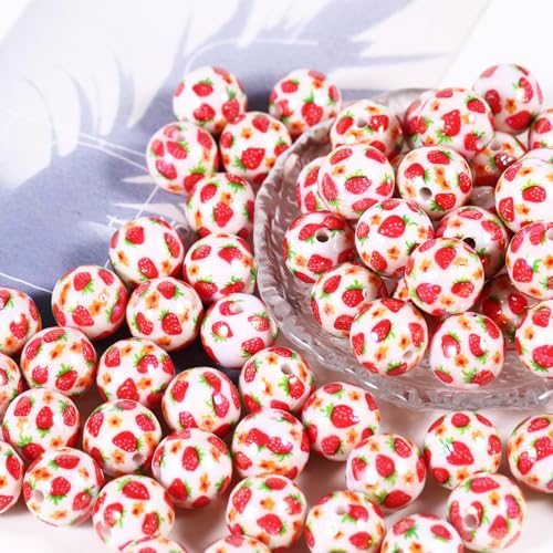 15Pcs Acrylic Beads Round 16mm Strawberry Print Fit for DIY Jewelry Bracelet Necklace Keychain Beadable Pens Mobile Phone Chain Making Cute (Strawberry) - color: Strawberry-White