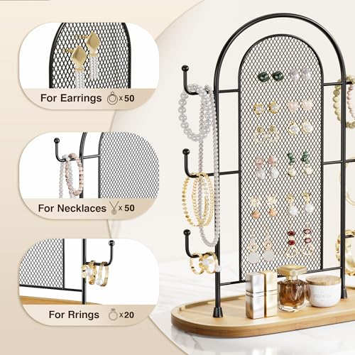 bussdis Jewelry Holder Organizer Earring Display - Stands Earring Storage Earring tree Hanger Jewelry Towers Rack with 6 Hooks 300 Stud Holes Wood Tray for Necklaces Bracelets Rings - color: Black