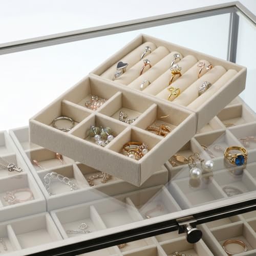 Velvet Jewelry Organizer Small Jewelry Tray Set Box Stackable Velvet Organizer Tray Drawer Inserts Ring Box Flat Stacking Trays Display Case for Earrings Rings Necklaces (Set 2,Beige)