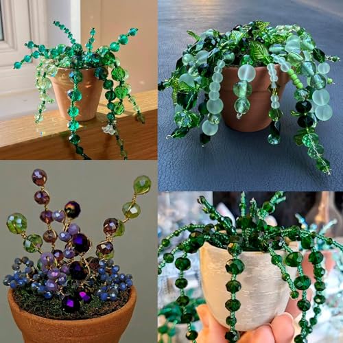 1189pcs Glass Bead Plant Kit, Green Beads with Pot for Plant Making, Nature Crystal Faceted and Bugle Beads Bulk Kit for Craft DIY Charms Wind Chimes