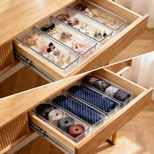 6 Pcs Large Clear Plastic Drawer Organizers Tray 12"x3" Storage Bins with 25 Pcs Non-Slip Pads for Makeup, Jewelries, Kitchen Utensils, Bathroom and Office - size: 12"x3"