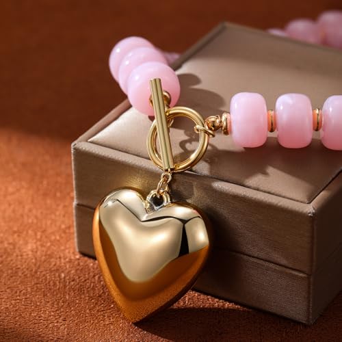 GZQ Chunky Gold Heart Necklace for Women, Resin Beaded Chain with Puff Heart Adjustable Clasp, Perfect for Daily Wear Party Date Streetwear Outfits Fashion Jewelry Gift - color: Pink