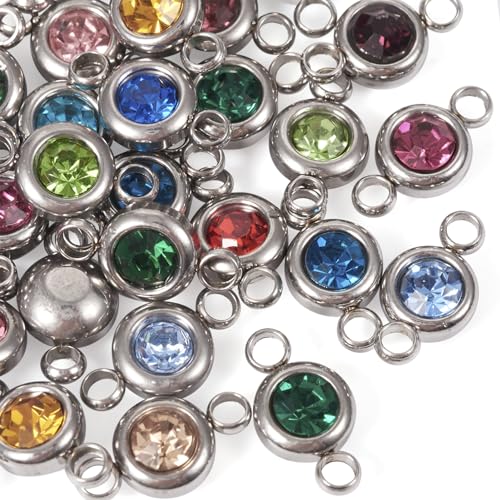 Pandahall 34Pcs Rhinestone Connector Charms Birthstone Charms Stainless Steel Links Connectors Flat Round Linking Charms Glass Gemstone Crystal Pendant for Christmas Bracelet Earring Jewelry Making