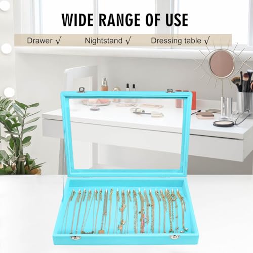 Siveit Necklace Organizer Box Premium 20 Hooks Velvet Necklace Display Jewelry Tray with Transparent Lid Jewelry Necklace Display Box for Necklace Pendants Suitable for Women and Girls (Light Blue) - color: Light Blue