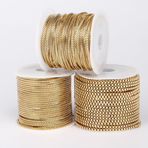 33FT 18K Gold PVD Plated Box Chains Roll, 2mm Gold Stainless Steel Box Chain Spool Bulk for DIY Jewelry Making Necklace Bracelet - color: gold, size: 2mm