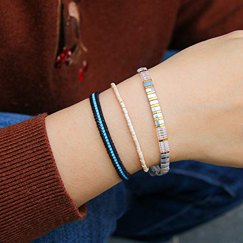 KELITCH Adjustable turquoise bead bracelet single color knitting friendship bracelet fashion jewelry daily wear gift (28 color selection) - color: Beige 04H