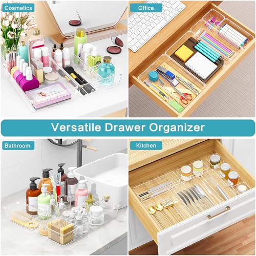 Manalete Drawer Organizers Set of 65, 4 Sizes Clear Plastic Drawer Organizers and Storage Bins for Kitchen, Bathroom, Office, Dresser Desk Drawer Organizer Tray for Jewelry, Makeup, Junk, Gadgets - size: 65pack(0-0-5-10-22-28)